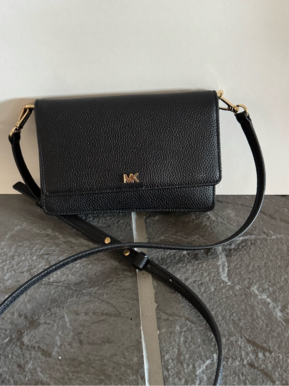 Michael Kors Black Pebbled Leather Crossbody with Gold MK Accent